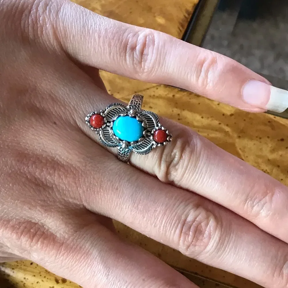Sleeping Beauty Turquoise Coral Sterling Silver Feather Ring Size 8